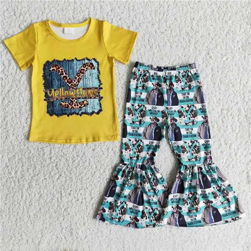 Wholesale price children's clothing yellow stone alphabet yellow short sleeve printed human pattern boutique bell bottoms for yo
Wholesale price children's clothing yellow stone alphabet yellow short sleeve printed human pattern boutique bell bottoms for yo
