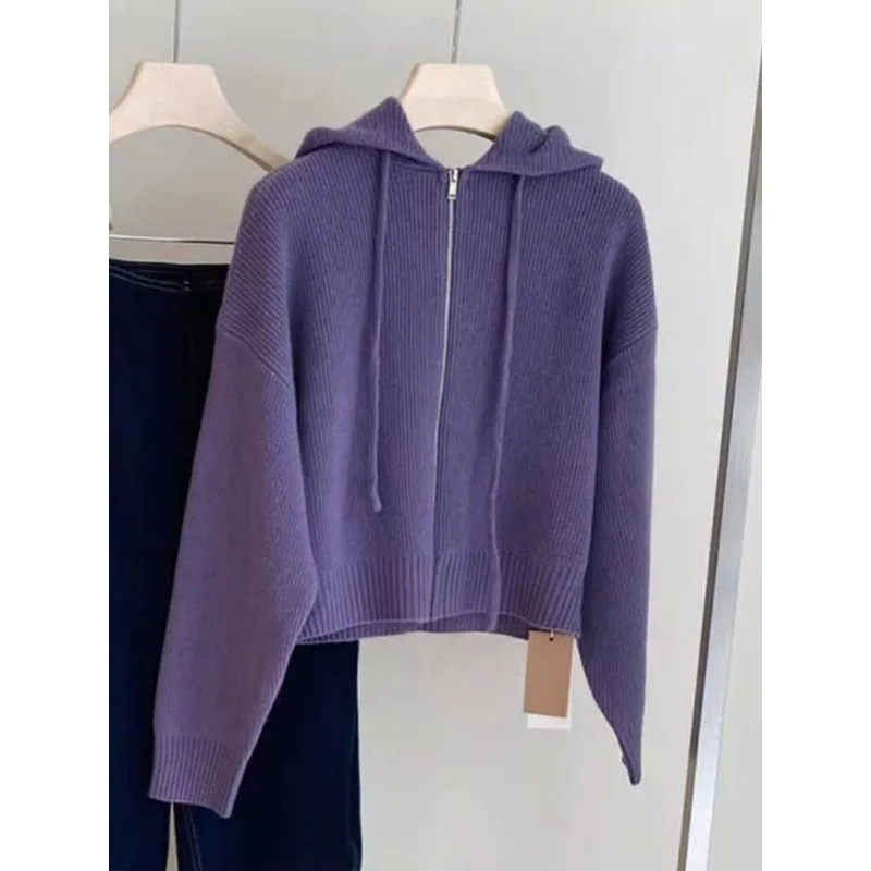 Solid Color Zipper Long Sleeve Purple Hooded Knitted Cardigan Top Women's Autumn and Winter Sweater Jacket
Solid Color Zipper Long Sleeve Purple Hooded Knitted Cardigan Top Women's Autumn and Winter Sweater Jacket
