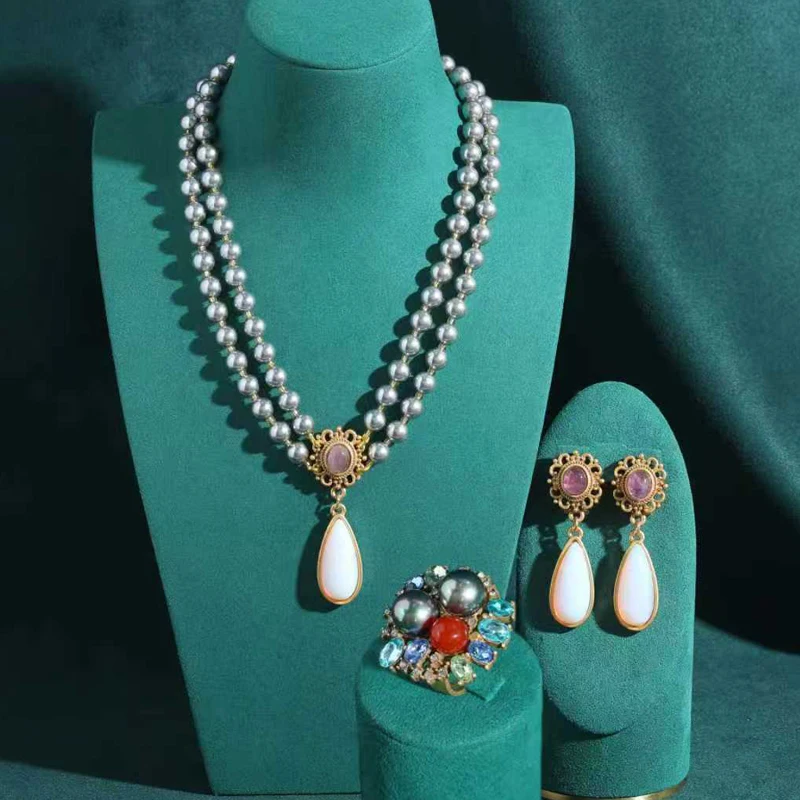 Vintage Luxury Jewelry Sets Grey Pearl Layered Moonstone Pendent Necklace Drop Earrings Colorful Crystal Ring Mother's Day Gifts
Vintage Luxury Jewelry Sets Grey Pearl Layered Moonstone Pendent Necklace Drop Earrings Colorful Crystal Ring Mother's Day Gifts