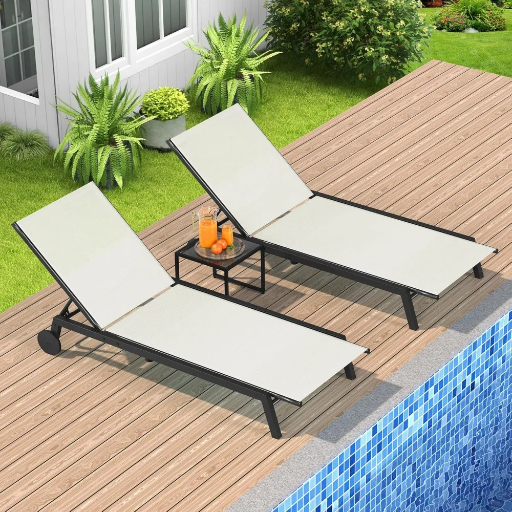 Set of 3 Outdoor Chaise Lounges with Side Table, Poolside Recliners featuring 5-Position Adjustable Backrest, Textile Fabric Uph
Set of 3 Outdoor Chaise Lounges with Side Table, Poolside Recliners featuring 5-Position Adjustable Backrest, Textile Fabric Uph