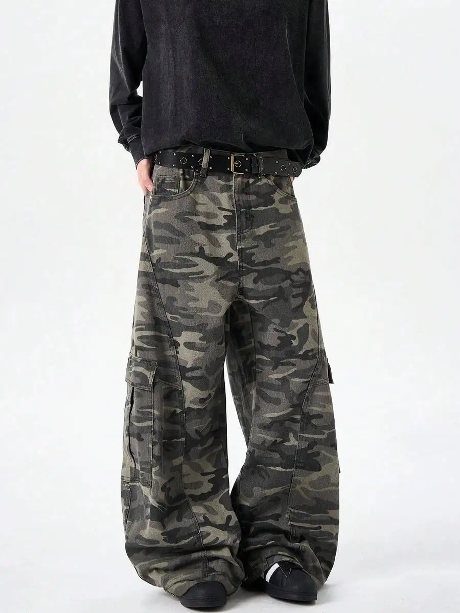 Retro Washed Denim Cargo Pants Loose Wide Leg Camouflage Pattern Casual Trousers
Retro Washed Denim Cargo Pants Loose Wide Leg Camouflage Pattern Casual Trousers