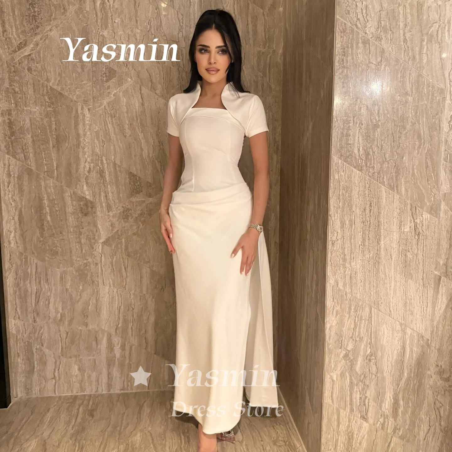 Luxury White Prom Dress Pleated Ruched Saudi Women Short Cape Sleeve Fitted Mermaid Formal Evening Gown Wedding Guest Customized
Luxury White Prom Dress Pleated Ruched Saudi Women Short Cape Sleeve Fitted Mermaid Formal Evening Gown Wedding Guest Customized