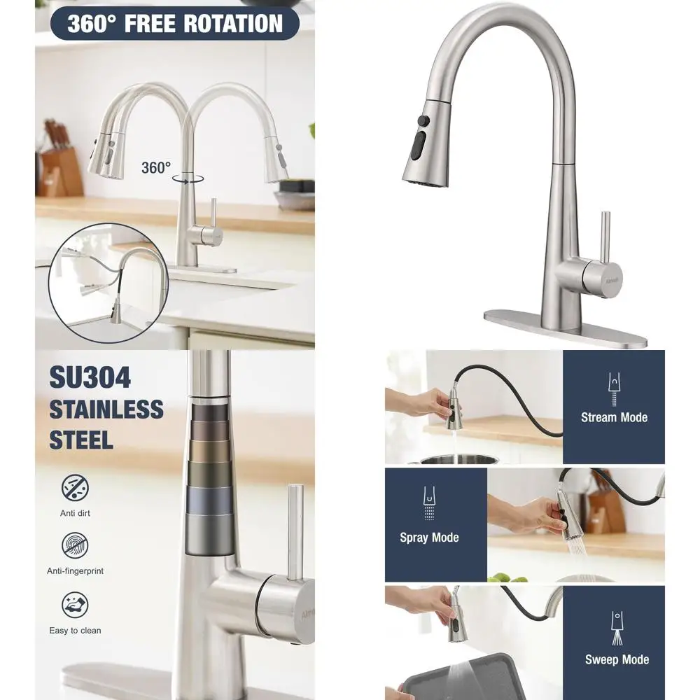 High Arc 360° Swivel Pull-Down Spray Kitchen Faucet in Brushed Nickel for Home, Laundry, and RV Use
High Arc 360° Swivel Pull-Down Spray Kitchen Faucet in Brushed Nickel for Home, Laundry, and RV Use