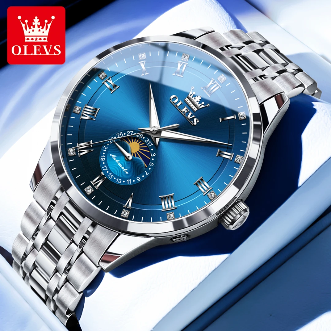 OLEVS 7063, модные механические часы, подарок, ремешок для часов из нержавеющей стали, наручные часы с круглым циферблатом, светящиеся фазы Луны
OLEVS 7063, модные механические часы, подарок, ремешок для часов из нержавеющей стали, наручные часы с круглым циферблатом, светящиеся фазы Луны