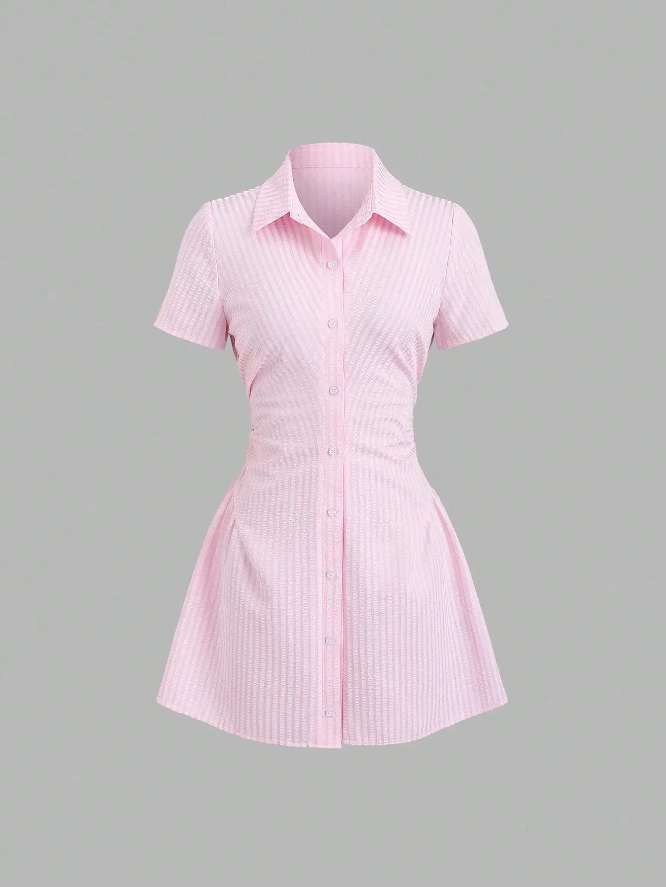 Pink Striped Short Sleeve Shirt Dress with Button Front and Flared Skirt
Pink Striped Short Sleeve Shirt Dress with Button Front and Flared Skirt