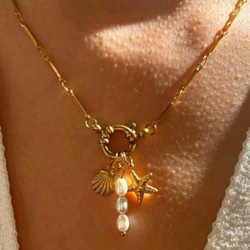 Starfish Shell Pearl Pendant Necklace 18k Gold Color Plated Stainless Steel Beach Trendy Waterproof Women Jewelry Gift
Starfish Shell Pearl Pendant Necklace 18k Gold Color Plated Stainless Steel Beach Trendy Waterproof Women Jewelry Gift