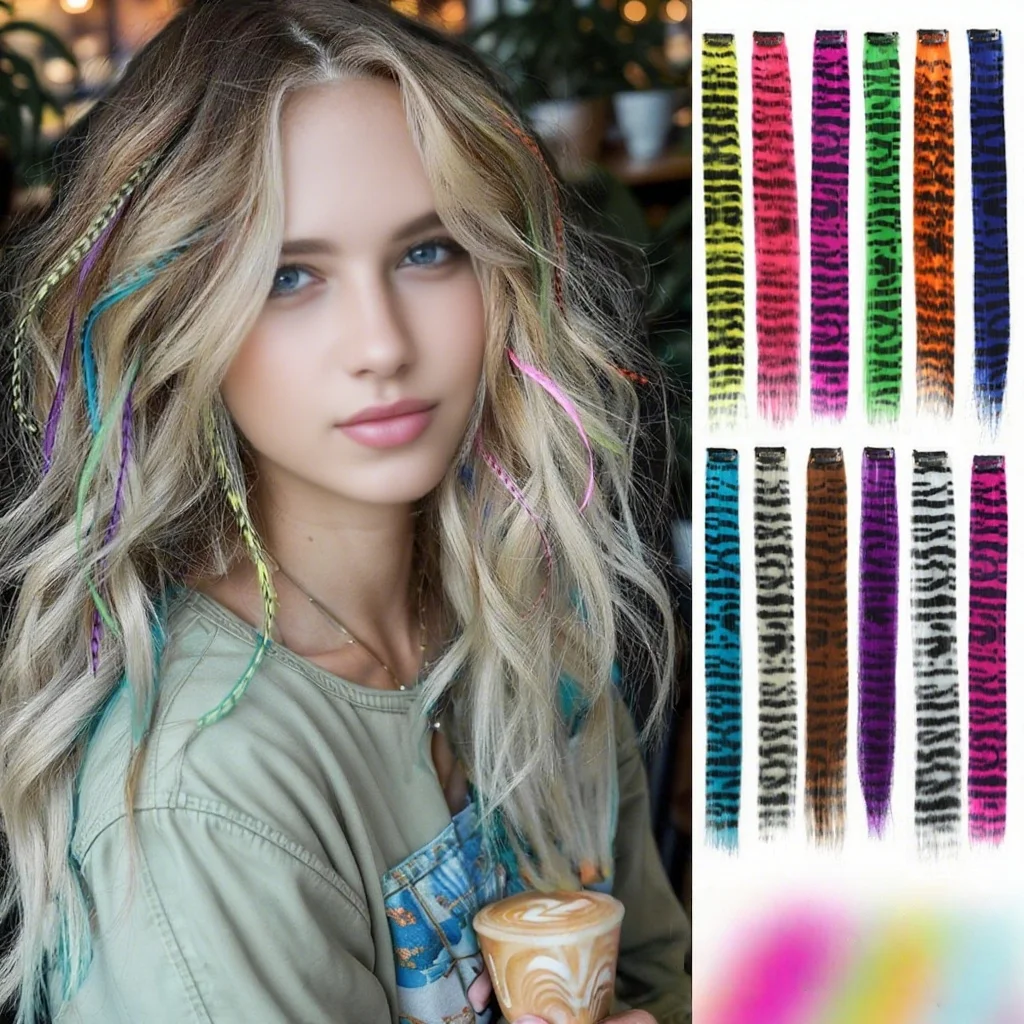 One-Card Seamless Hair Extensions Leopard Print Colorful Silk Ear-Hanging Dyed Colorful Wig Pieces, Long Straight Hair Stripesd Hair Extensions Hair Clips, Leopard Print Wig Pieces Bb Clips, Suitable for Daily Life, Parties, Gatherings, and Stage 
One-Card Seamless Hair Extensions Leopard Print Colorful Silk Ear-Hanging Dyed Colorful Wig Pieces, Long Straight Hair Stripesd Hair Extensions Hair Clips, Leopard Print Wig Pieces Bb Clips, Suitable for Daily Life, Parties, Gatherings, and Stage