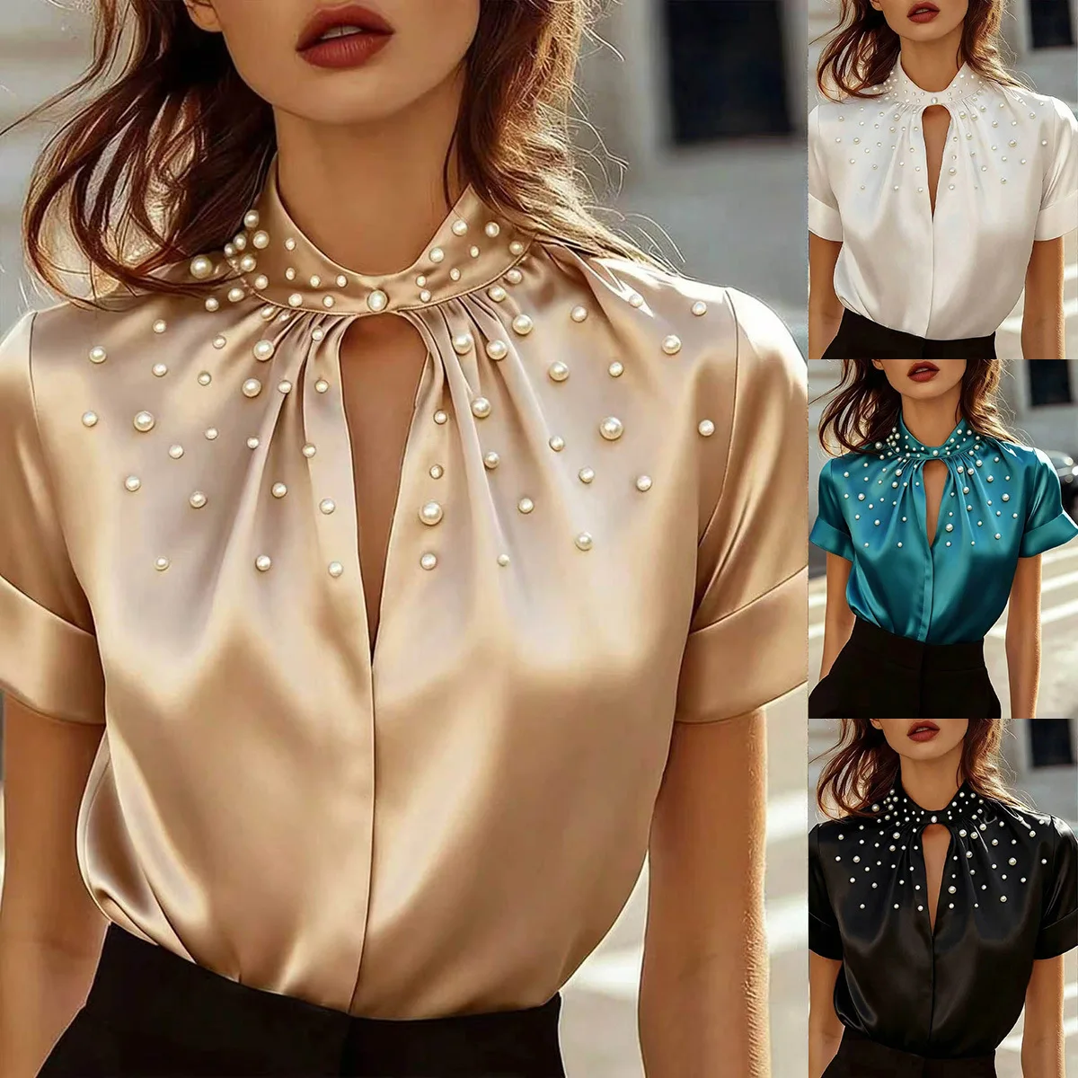 2026 Women's Fashion Elegant Pearl Decorated Hollow Short-Sleeve Satin Blouse Shirt
2026 Women's Fashion Elegant Pearl Decorated Hollow Short-Sleeve Satin Blouse Shirt