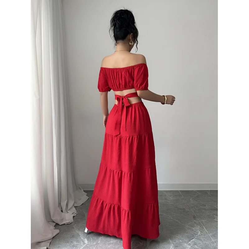 Women's Red Off Shoulder Maxi Dress Puff Short Sleeve Cut Out Waist Tiered Ruffle For Summer Beach Vacation Wedding Guest Wear
Women's Red Off Shoulder Maxi Dress Puff Short Sleeve Cut Out Waist Tiered Ruffle For Summer Beach Vacation Wedding Guest Wear