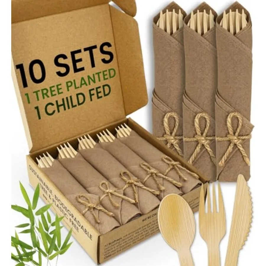 Premium Pre Rolled Napkin and Bamboo Cutlery Set with Brown Napkins 10 Pack, 40 PCS 100% Biodegradable, Eco-Friendly, Disposabl
Premium Pre Rolled Napkin and Bamboo Cutlery Set with Brown Napkins 10 Pack, 40 PCS 100% Biodegradable, Eco-Friendly, Disposabl