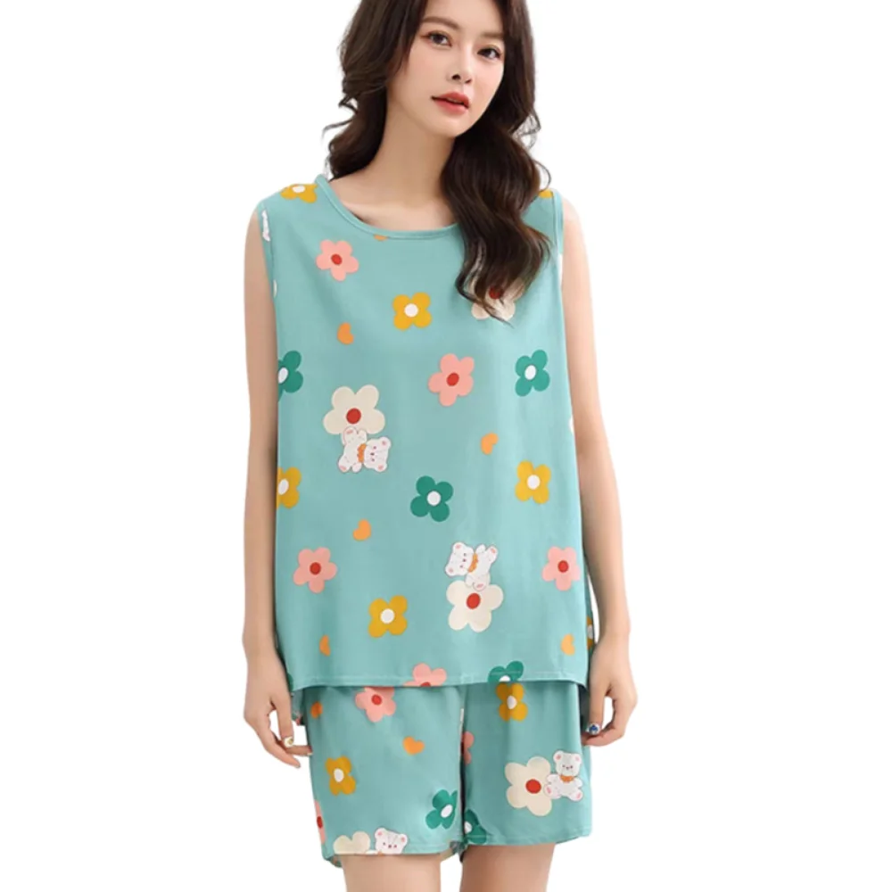 Fashion Cute Woman's Pajamas Set Cotton Silk Floral Printed Sleeveless Pajamas Lattice Round Neck Floral Sleepwear Spring Summer
Fashion Cute Woman's Pajamas Set Cotton Silk Floral Printed Sleeveless Pajamas Lattice Round Neck Floral Sleepwear Spring Summer