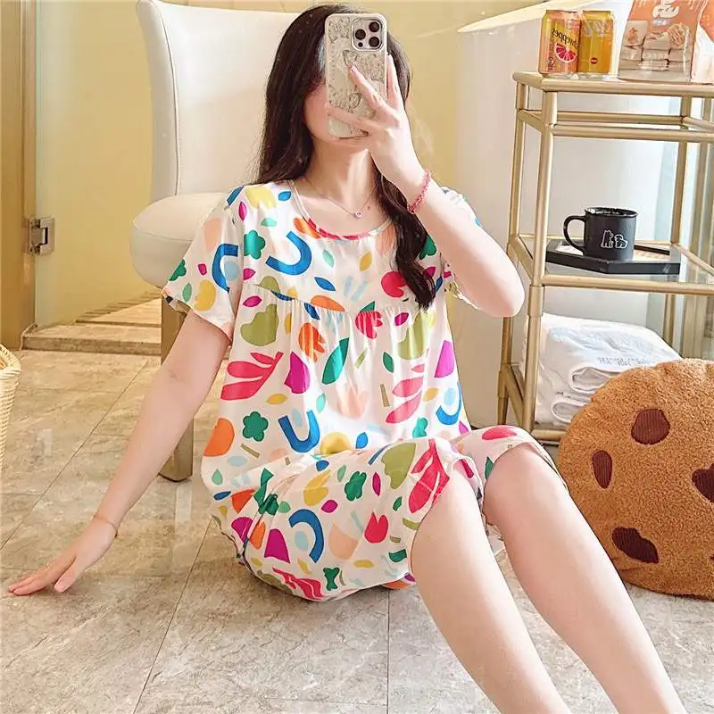 New Summer Thin Short Sleeve Sleepwear Women's Home Clothes Mom Style Air Conditioned Cotton Silk round Neck Home Suit
New Summer Thin Short Sleeve Sleepwear Women's Home Clothes Mom Style Air Conditioned Cotton Silk round Neck Home Suit