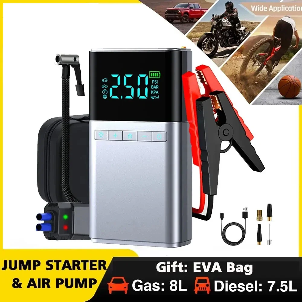New Car Jump Starter Air Pump Power Bank 4W 1 air compressor output power bank indicator LED starter pump Eva bag
New Car Jump Starter Air Pump Power Bank 4W 1 air compressor output power bank indicator LED starter pump Eva bag