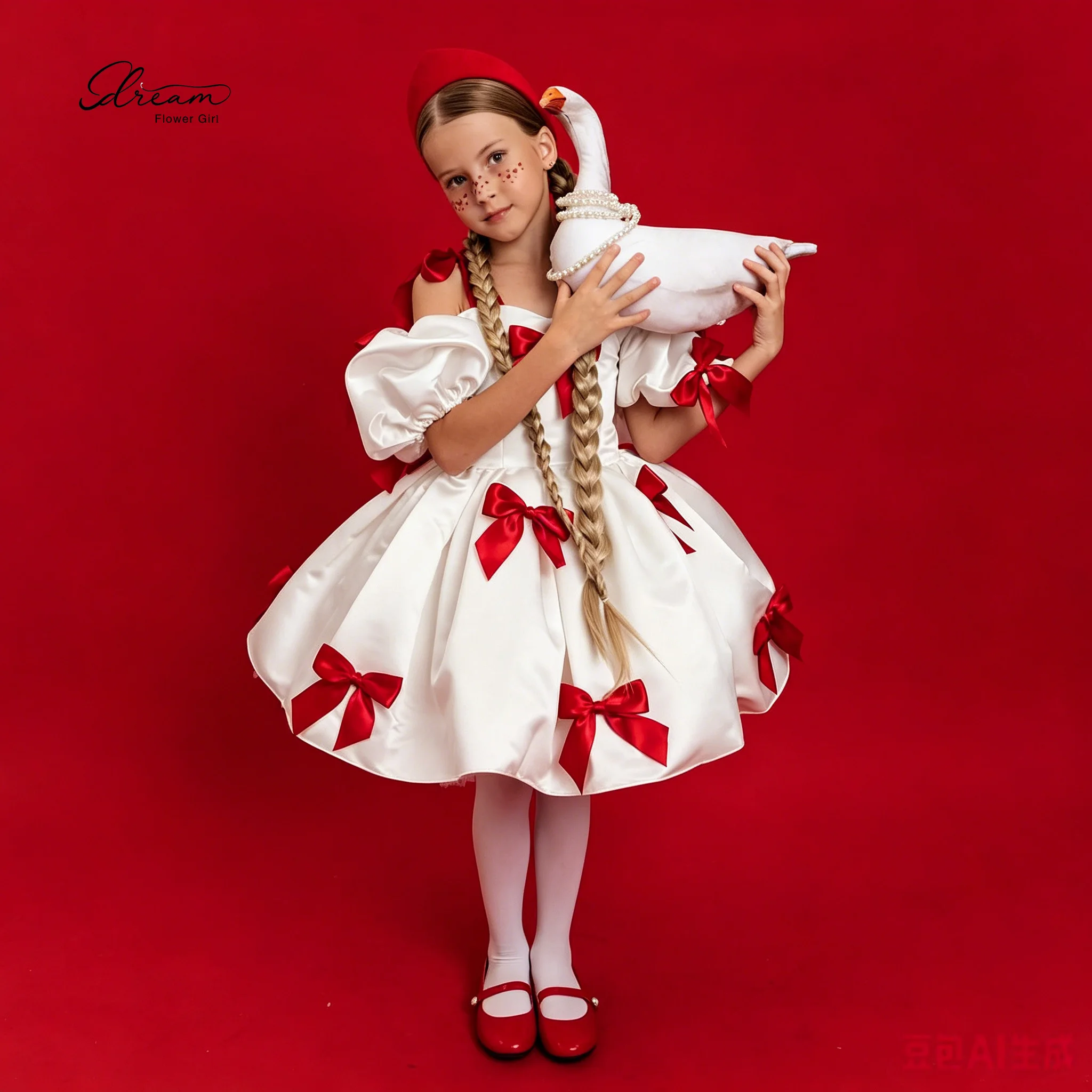 White off-the-shoulder knee-length puffy-sleeved princess-style formal dress for children featuring a red bow accent
White off-the-shoulder knee-length puffy-sleeved princess-style formal dress for children featuring a red bow accent
