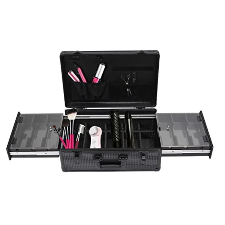 Beauty Professional Barber Case: Aluminum, Black, Large Capacity with 2 Side Pull Out Trays for Hair Stylists and Makeup Artist
Beauty Professional Barber Case: Aluminum, Black, Large Capacity with 2 Side Pull Out Trays for Hair Stylists and Makeup Artist
