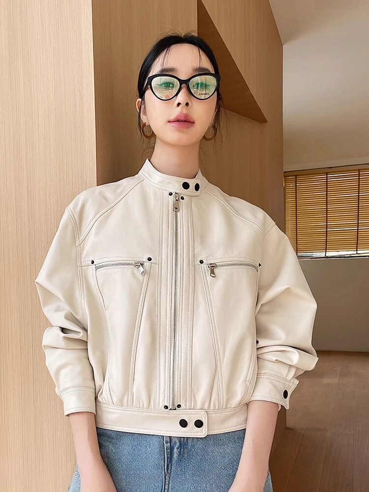 White Genuine Leather Motorcycle Jackets for Women Spring Autumn High-end Simple Stand Collar Slim Short Real Sheepskin Coat
White Genuine Leather Motorcycle Jackets for Women Spring Autumn High-end Simple Stand Collar Slim Short Real Sheepskin Coat