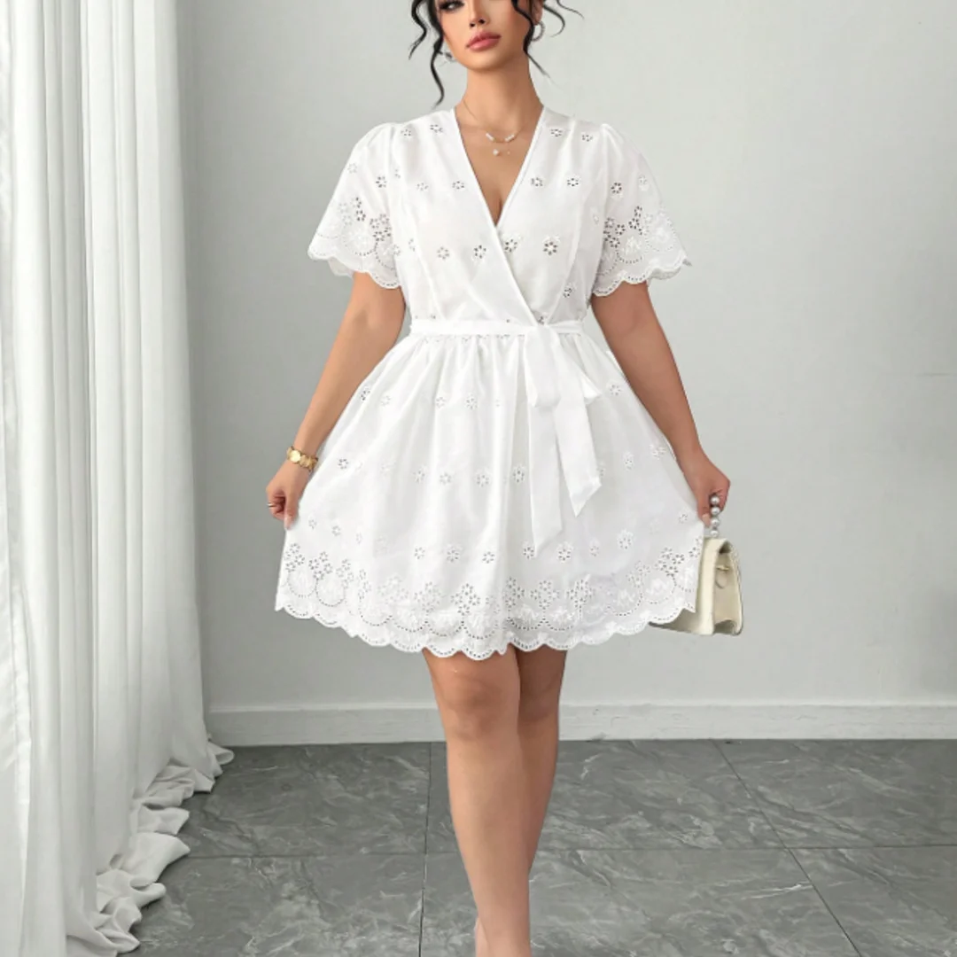 Plus Size White Eyelet Embroidery Dress Women V-Neck Puff Sleeve Belted A-Line Mini Summer Casual Dress
Plus Size White Eyelet Embroidery Dress Women V-Neck Puff Sleeve Belted A-Line Mini Summer Casual Dress