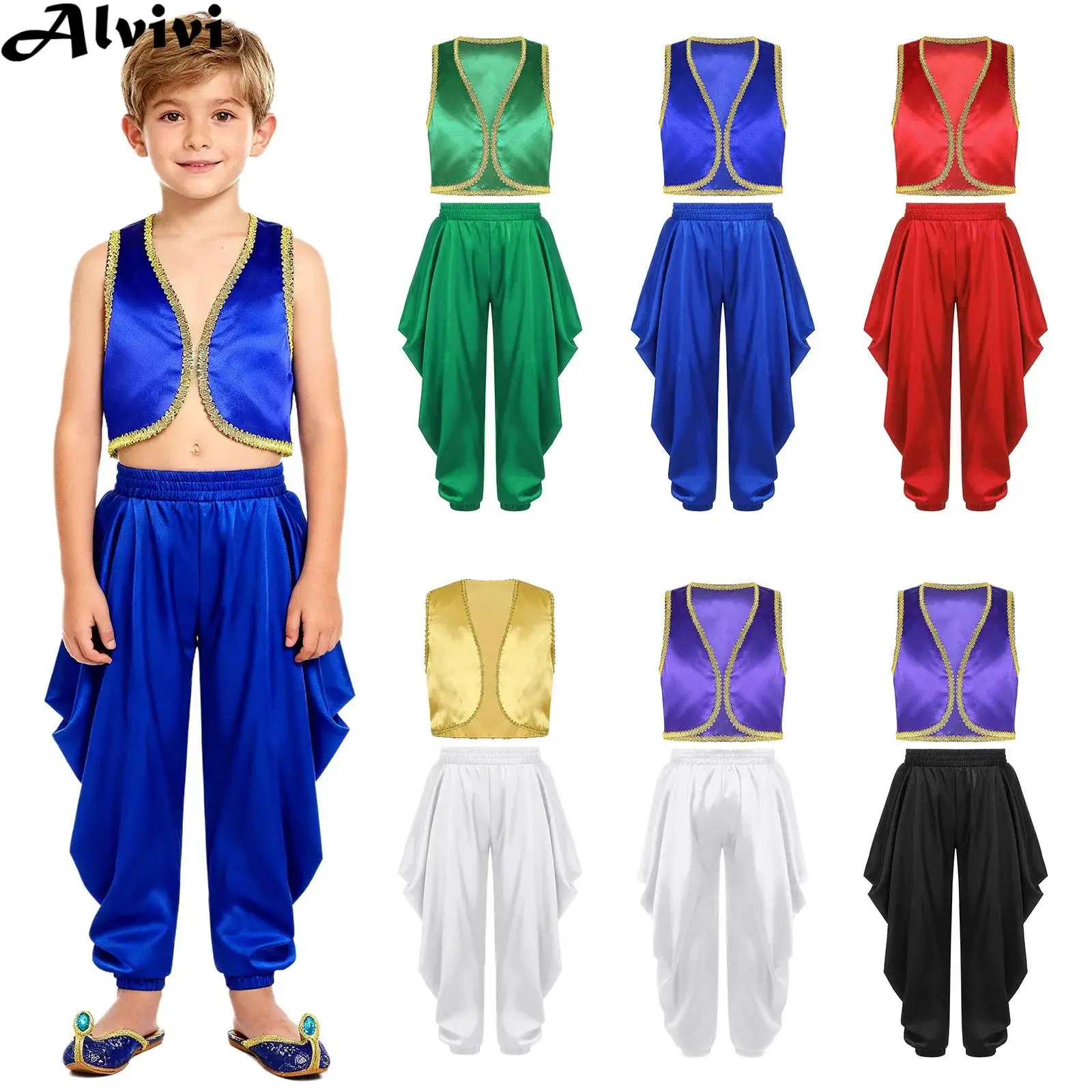 Kids Boys Arabian Prince Dress Up Costume Open Front Vest with Dhoti Pants Halloween Carnival Arab Fairy Tales Cosplay Clothes
Kids Boys Arabian Prince Dress Up Costume Open Front Vest with Dhoti Pants Halloween Carnival Arab Fairy Tales Cosplay Clothes