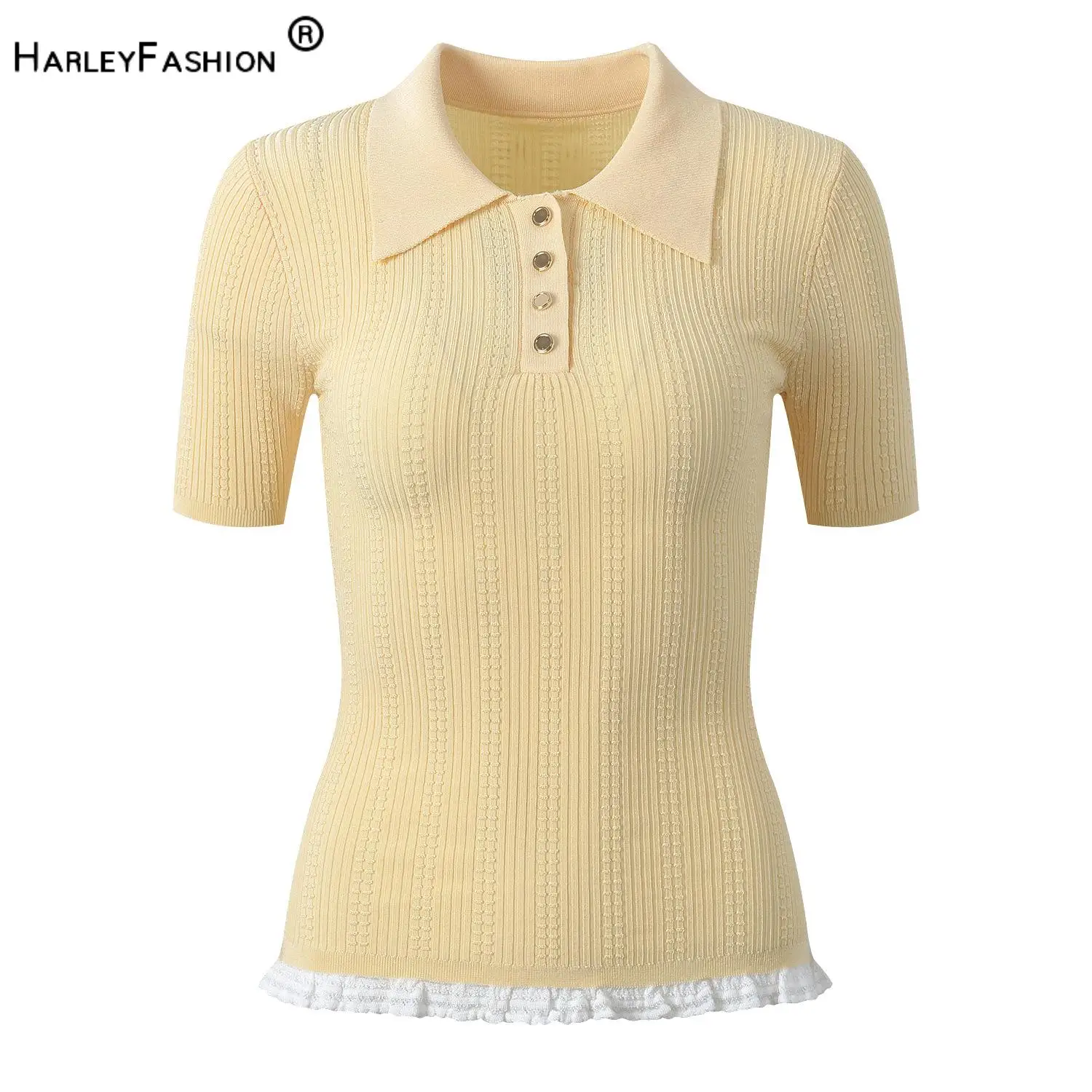 Lady Summer Elegant Style Turn-dwon Collar Short Sleeve Tops Lace Patchwork Hem Pullover Solid Slim Fitted Ribbed Knits Shirts
Lady Summer Elegant Style Turn-dwon Collar Short Sleeve Tops Lace Patchwork Hem Pullover Solid Slim Fitted Ribbed Knits Shirts