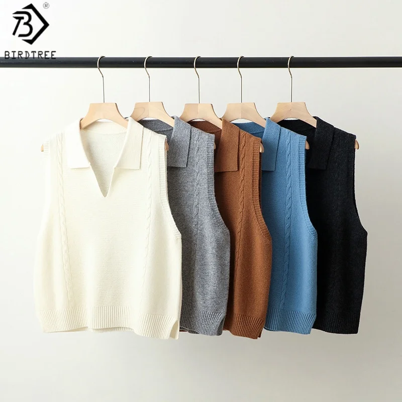 Birdtree, 100% овечья шерсть, вязаный однотонный мягкий жилет, женский свободный воротник-поло без рукавов, осень 202, трикотаж, жилет T59425JF
Birdtree, 100% овечья шерсть, вязаный однотонный мягкий жилет, женский свободный воротник-поло без рукавов, осень 202, трикотаж, жилет T59425JF