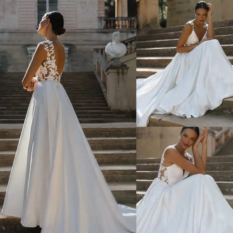 Illusion A Line Wedding Dresses V-Neck Appliques Flower Lace Evening Party Gowns Vestido De Noiva Court Train Customized
Illusion A Line Wedding Dresses V-Neck Appliques Flower Lace Evening Party Gowns Vestido De Noiva Court Train Customized