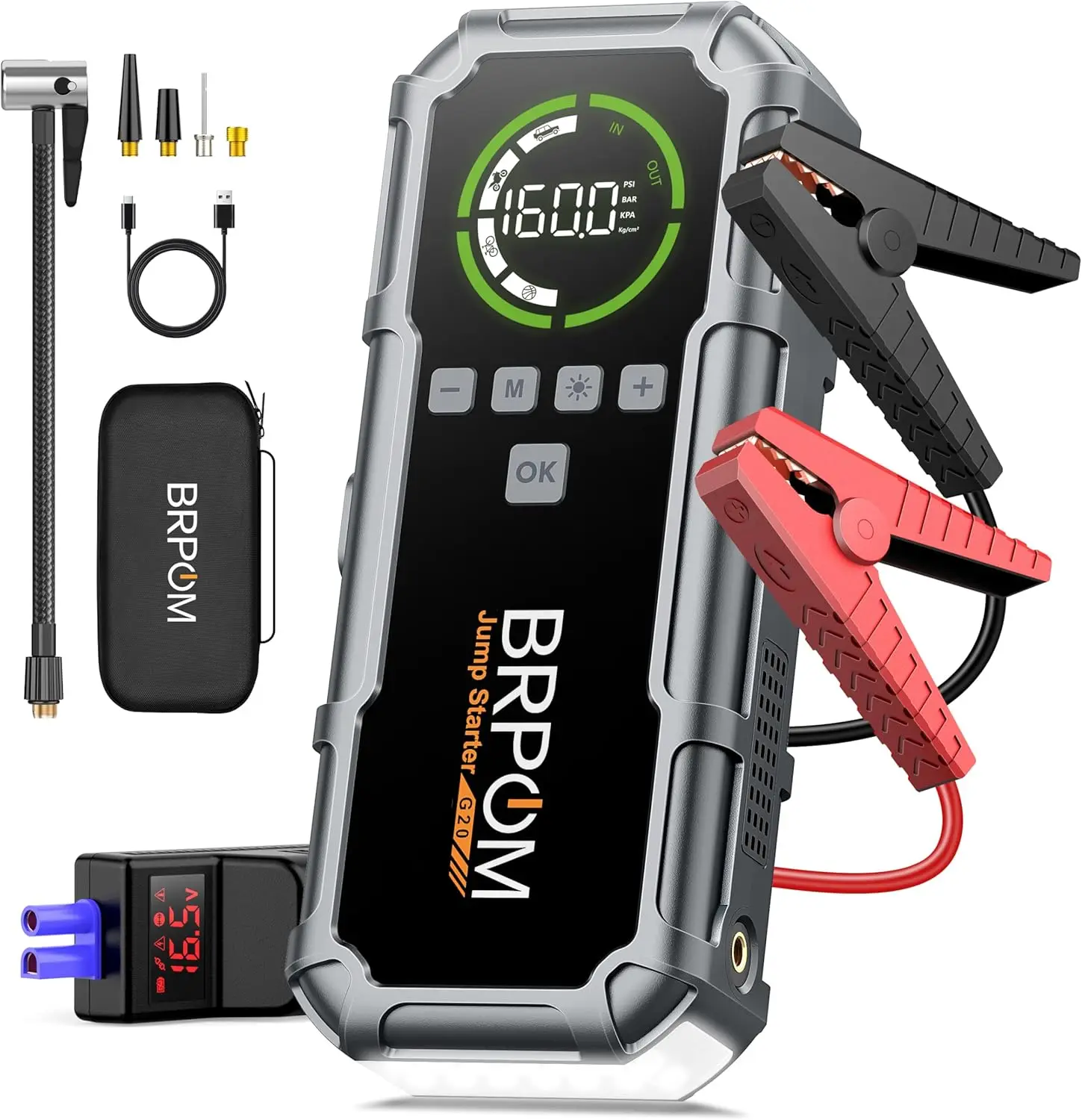 Portable Car Jump Starter with Air Compressor, 8000A Peak Current, 160PSI Tire Inflator, Emergency Light
Portable Car Jump Starter with Air Compressor, 8000A Peak Current, 160PSI Tire Inflator, Emergency Light