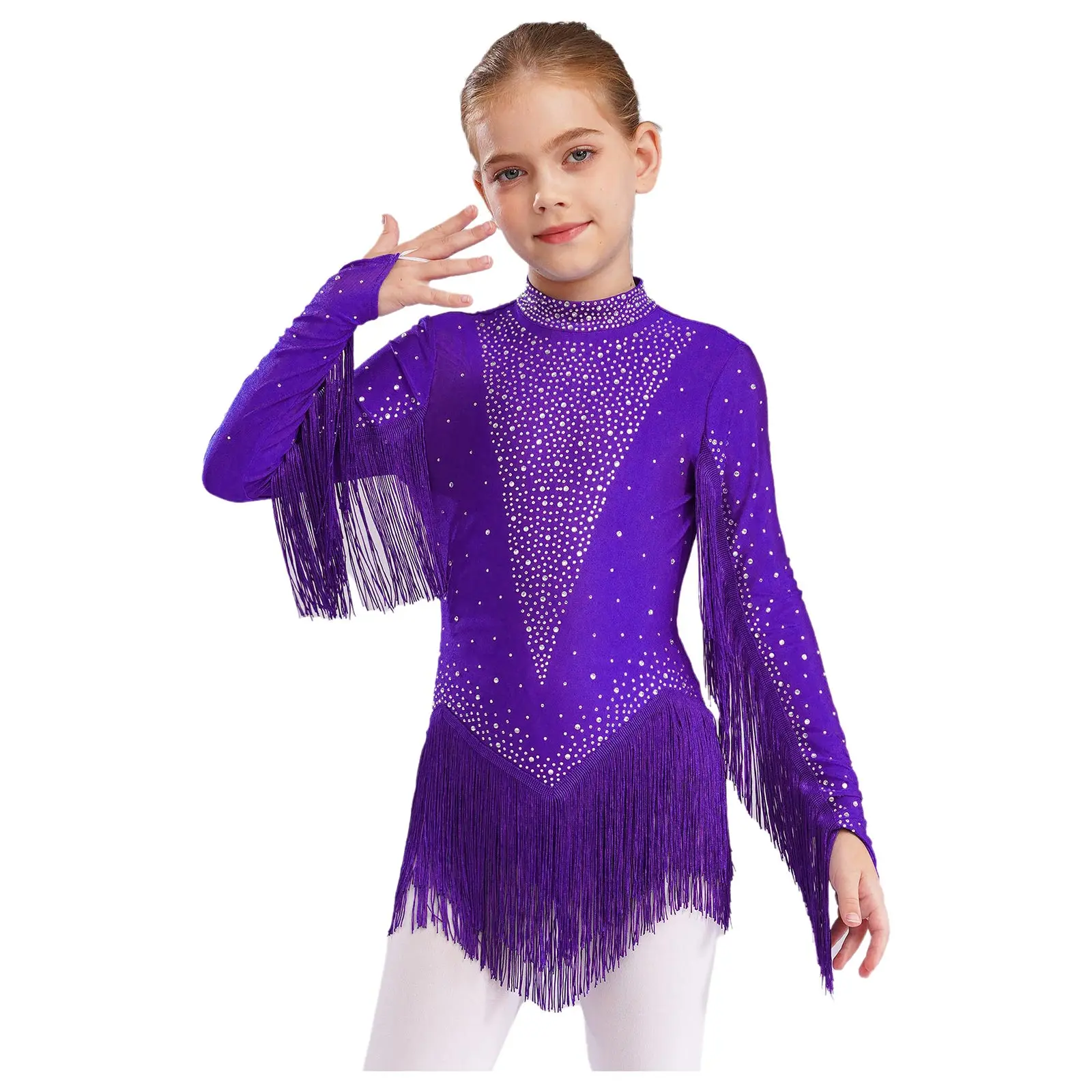 Kids Girls Tassels Tango Latin Dance Leotard Mock Neck Long Sleeve Cutout Back Sparkling Rhinestones Fringe Skirted Bodysuit
Kids Girls Tassels Tango Latin Dance Leotard Mock Neck Long Sleeve Cutout Back Sparkling Rhinestones Fringe Skirted Bodysuit