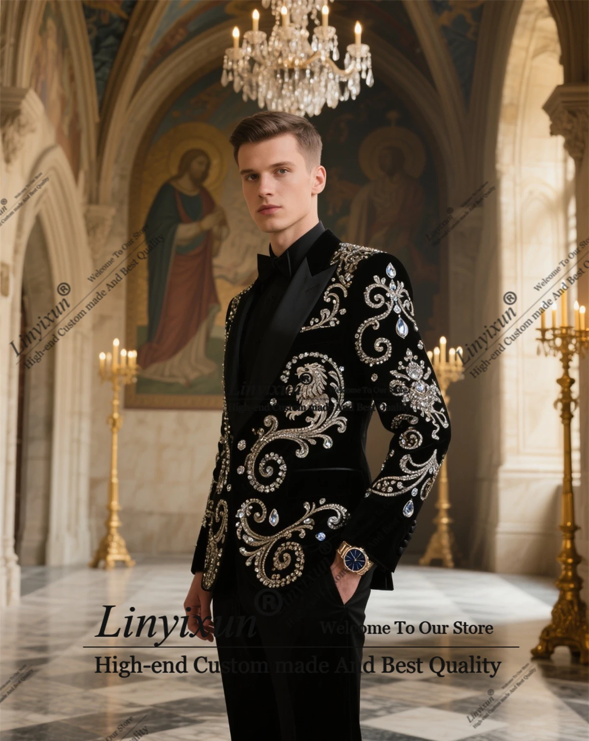 European American Style Metal Embellished Beadeds Men Suits Groom Tuxedos 2 Pieces Party Prom Blazer Customized Costume Homme
European American Style Metal Embellished Beadeds Men Suits Groom Tuxedos 2 Pieces Party Prom Blazer Customized Costume Homme