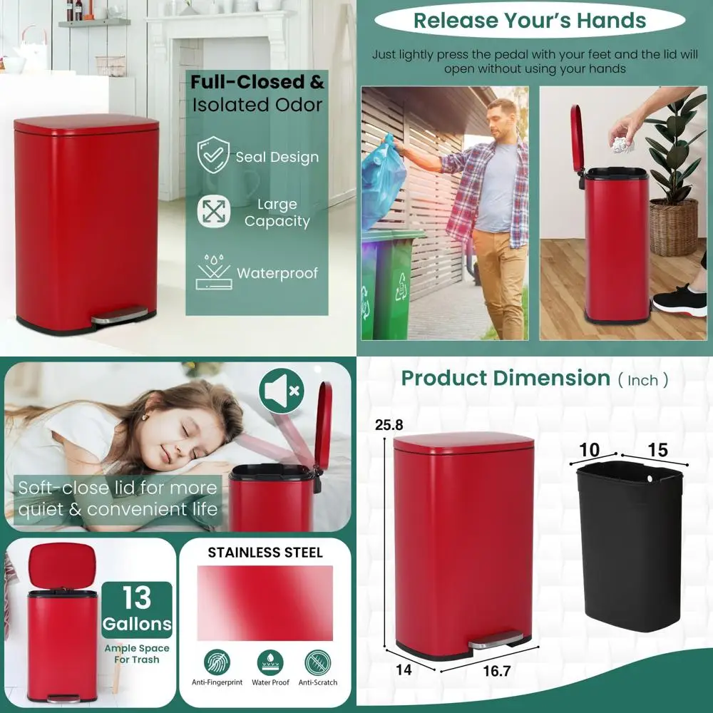 Red 13 Gallon Stainless Steel Kitchen Trash Can with Removable Bucket and Hinged Lid
Red 13 Gallon Stainless Steel Kitchen Trash Can with Removable Bucket and Hinged Lid