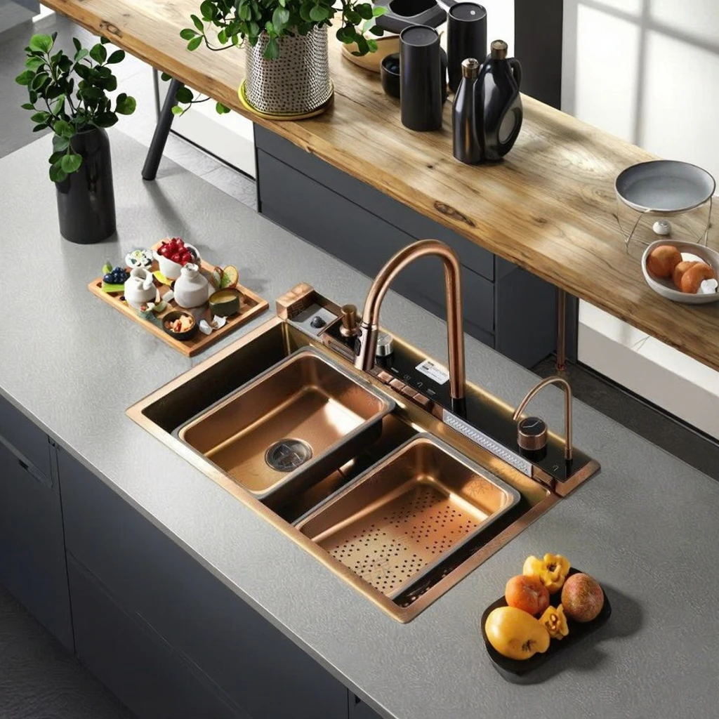 Rose Gold Golden Waterfall Embossed Stainless Steel Kitchen Sink Large Single Slot Digital Display Home House Washing Sink
Rose Gold Golden Waterfall Embossed Stainless Steel Kitchen Sink Large Single Slot Digital Display Home House Washing Sink