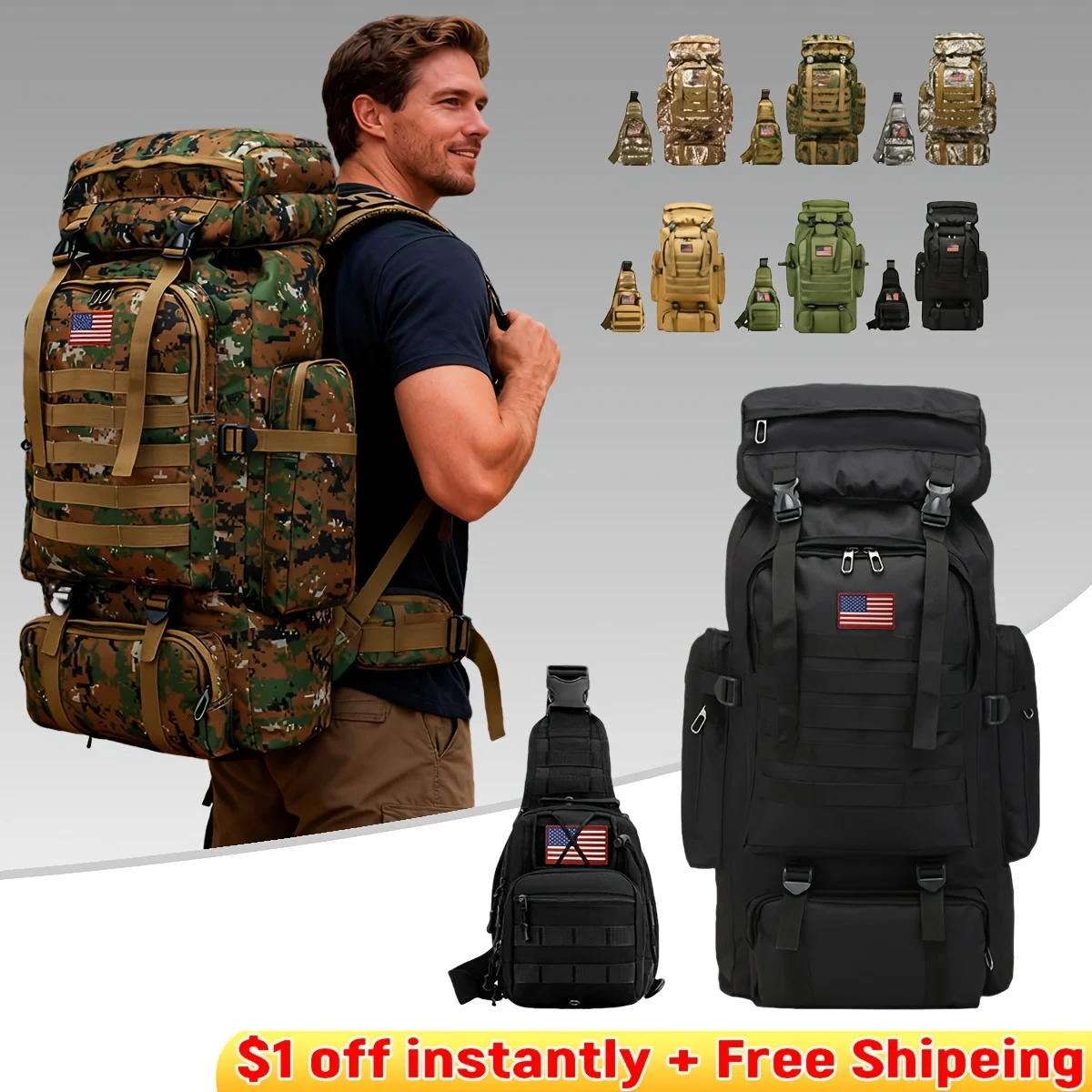 Set of 2pcs 21.13gal Spacious Multifunctional Camouflage Tactical Hiking Backpacks Featuring Various Compartments And a MOLLE System, Ideal for Outdoor Adventures, Camping, Trekking
Set of 2pcs 21.13gal Spacious Multifunctional Camouflage Tactical Hiking Backpacks Featuring Various Compartments And a MOLLE System, Ideal for Outdoor Adventures, Camping, Trekking