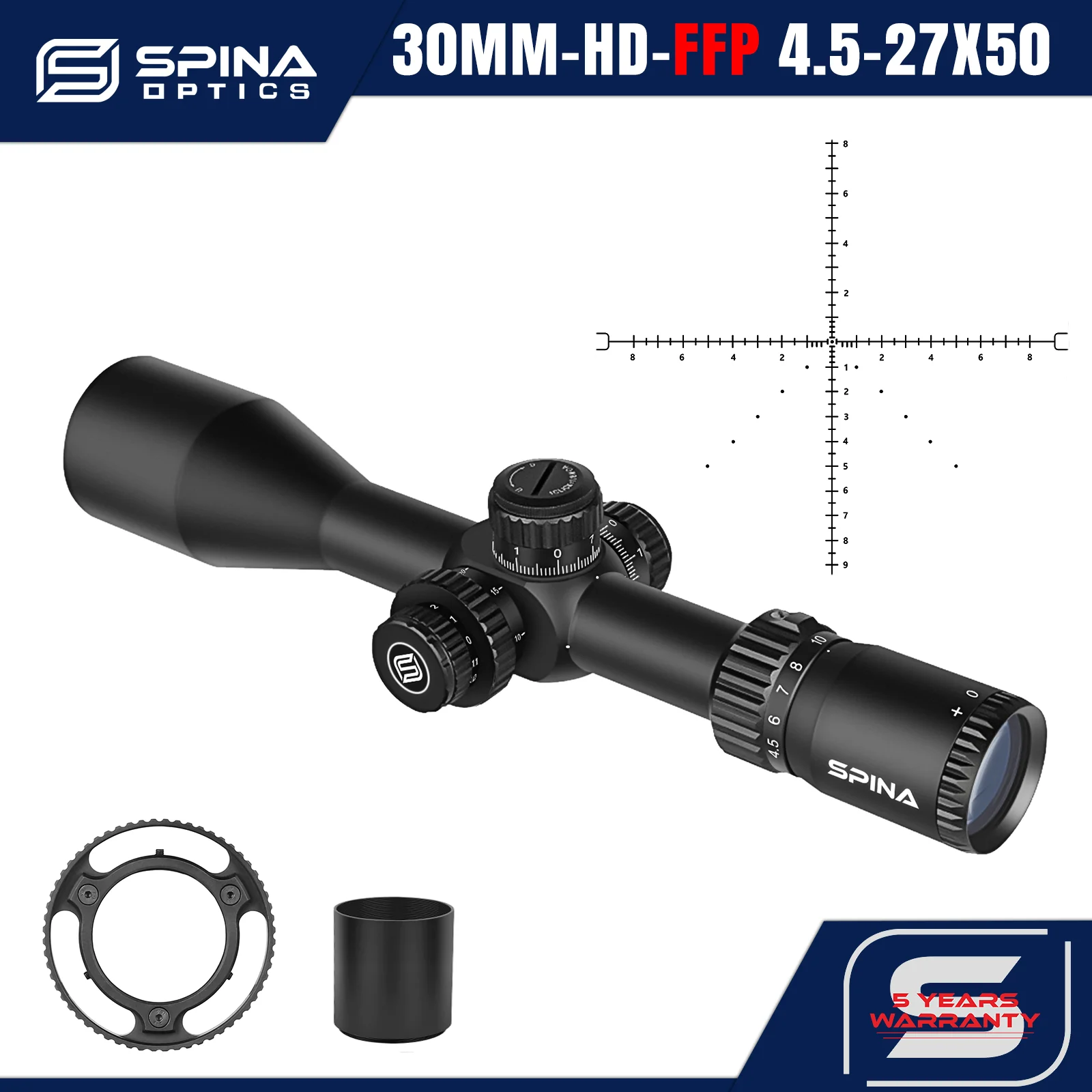 SPINA OPTICS FalconPoint HD 4.5-27x50 FFP Scope Sight First focal plane Long-Range 10-400m Hunting 1/8 MOA
SPINA OPTICS FalconPoint HD 4.5-27x50 FFP Scope Sight First focal plane Long-Range 10-400m Hunting 1/8 MOA