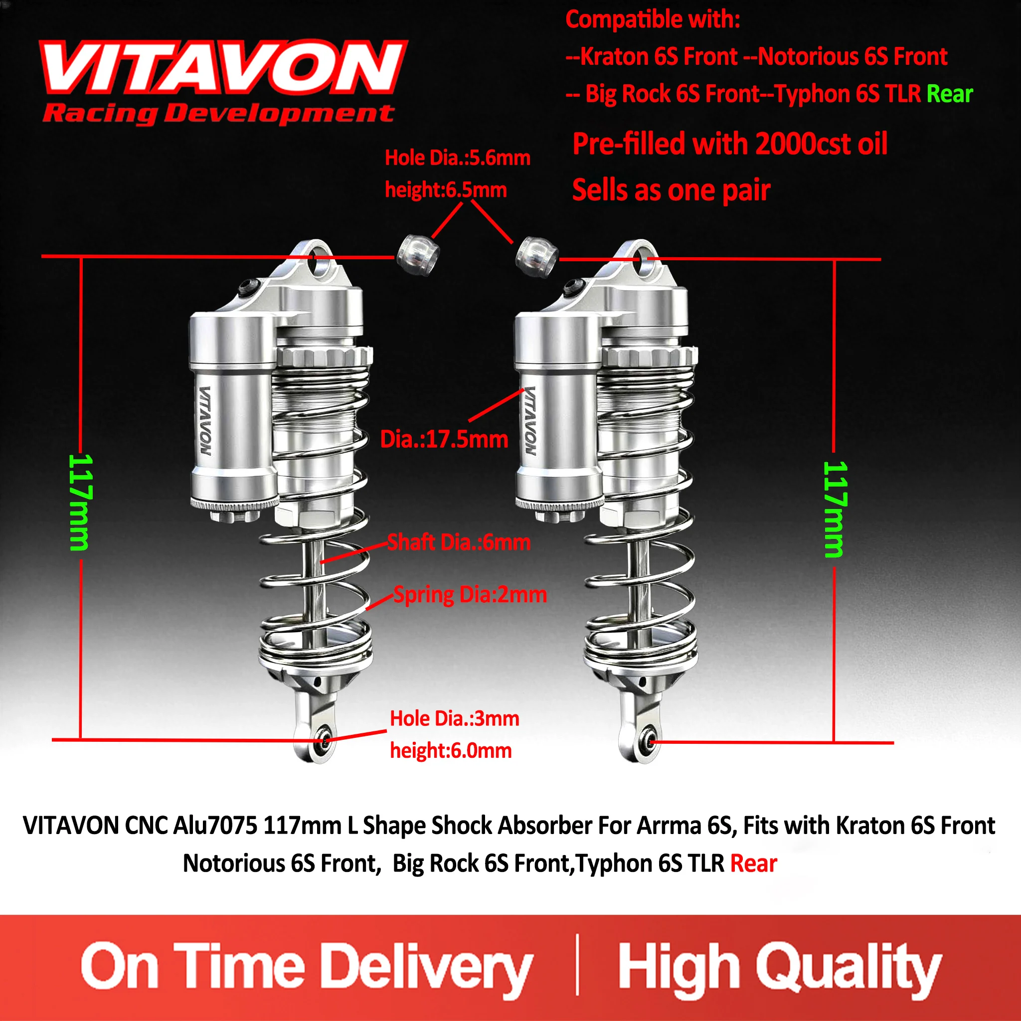Амортизатор VITAVON CNC Alu7075 L-образной формы 117 мм для Arrma 6S, совместим с Kraton 6S Front, Notorious 6S Front, Big Rock 6S Front.
Амортизатор VITAVON CNC Alu7075 L-образной формы 117 мм для Arrma 6S, совместим с Kraton 6S Front, Notorious 6S Front, Big Rock 6S Front.
