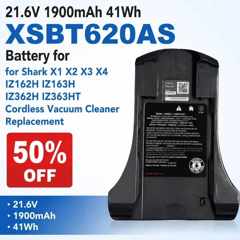 21.6V 1900mAh 41Wh XSBT620AS Battery for Shark X1 X2 X3 X4 IZ162H IZ163H IZ362H IZ363HT Cordless Vacuum Cleaner Replacement
21.6V 1900mAh 41Wh XSBT620AS Battery for Shark X1 X2 X3 X4 IZ162H IZ163H IZ362H IZ363HT Cordless Vacuum Cleaner Replacement