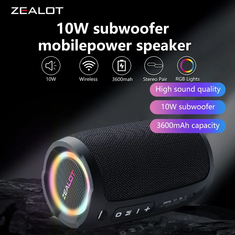 ZEALOT S49 10W Wireless Speakers, Outdoor Portable Subwoofer Speaker, Waterproof IPX 6, RGB light,Dual Pairing,3600mAh Battery.
ZEALOT S49 10W Wireless Speakers, Outdoor Portable Subwoofer Speaker, Waterproof IPX 6, RGB light,Dual Pairing,3600mAh Battery.