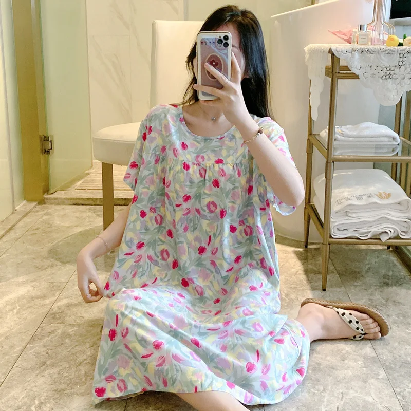 Korean Style Extended Size Cotton Silk Sleep Dress Women's Short Sleeve Loose Comfortable Summer Home Clothes
Korean Style Extended Size Cotton Silk Sleep Dress Women's Short Sleeve Loose Comfortable Summer Home Clothes