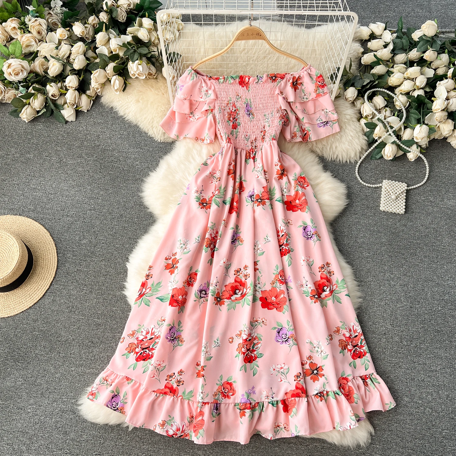 2024 Summer Women Floral Print Dress Slash Neck Folds Ruffles Chiffon Dresses Ladies A Line Large Hem Long Beach Holiday Vestido
2024 Summer Women Floral Print Dress Slash Neck Folds Ruffles Chiffon Dresses Ladies A Line Large Hem Long Beach Holiday Vestido