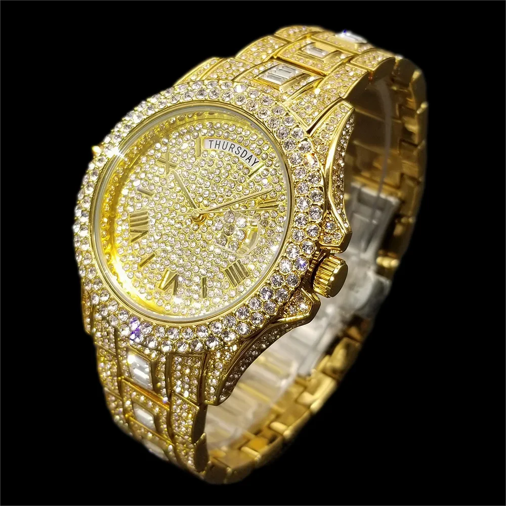 Hot Fashion Iced Out Watch For Mens Brand MISSFOX Luxury Automatic Date Week Gold Wristwatch Hip Hop Diamond Quartz Clocks Reloj
Hot Fashion Iced Out Watch For Mens Brand MISSFOX Luxury Automatic Date Week Gold Wristwatch Hip Hop Diamond Quartz Clocks Reloj