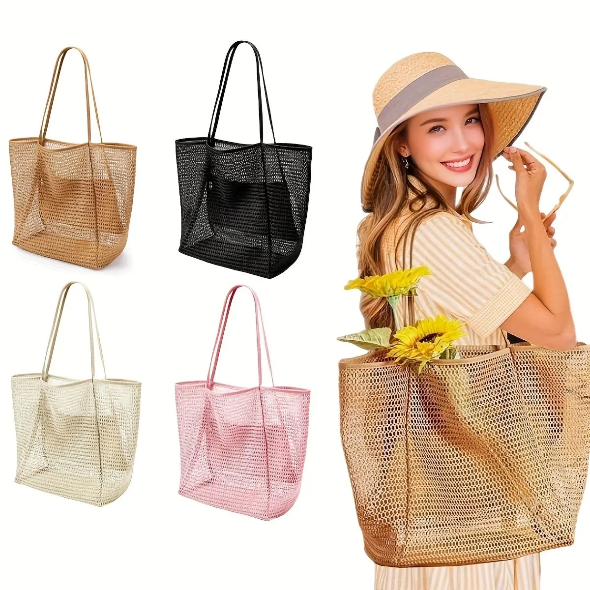 Пляжные сумки для женщин, четырехсезонная дорожная сетчатая сумка-тоут с большим внутренним карманом, пескозащитная тканая сумка на плечо
Пляжные сумки для женщин, четырехсезонная дорожная сетчатая сумка-тоут с большим внутренним карманом, пескозащитная тканая сумка на плечо