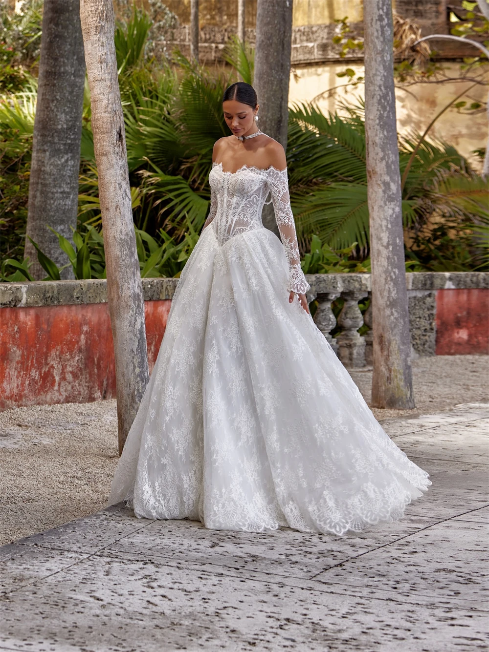 Customized Soft White Lace Wedding Dress Elegant Boat Neck Long Sleeves Bridal Gowns Boho A-Line Court Train Vestido De Novia
Customized Soft White Lace Wedding Dress Elegant Boat Neck Long Sleeves Bridal Gowns Boho A-Line Court Train Vestido De Novia