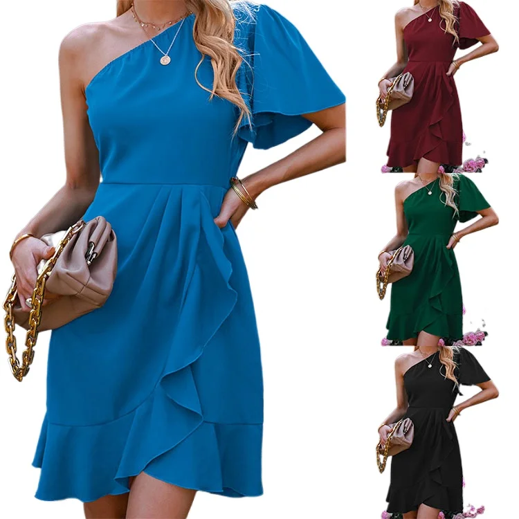 Spring Solid Color Dress Single-sided Sleeve Slanted Shoulder Ruffle Edge Solid Color High-waisted Slanted Shoulder Mid-skirt
Spring Solid Color Dress Single-sided Sleeve Slanted Shoulder Ruffle Edge Solid Color High-waisted Slanted Shoulder Mid-skirt