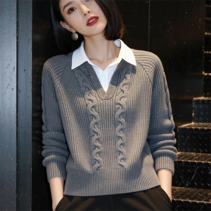 Fashion Shirt Collar Fake Two Sweaters Women's Knitwear 2026 New Knitted Pullover Top Lapel Splice Bottoming Shirt Female
Fashion Shirt Collar Fake Two Sweaters Women's Knitwear 2026 New Knitted Pullover Top Lapel Splice Bottoming Shirt Female