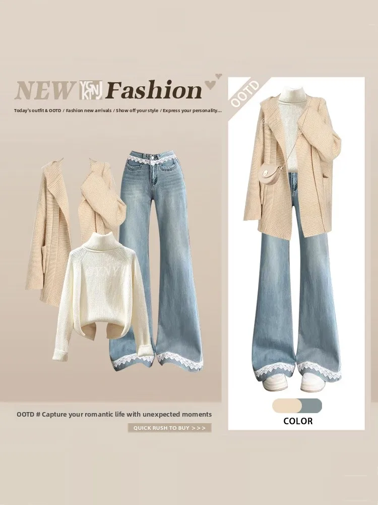 Faionable Anti-Aging College Sle Mid-Length Knitted Open Cardigan Women's Lace Patchwork Jeans Autumn Winter Two-Piece Set
Faionable Anti-Aging College Sle Mid-Length Knitted Open Cardigan Women's Lace Patchwork Jeans Autumn Winter Two-Piece Set
