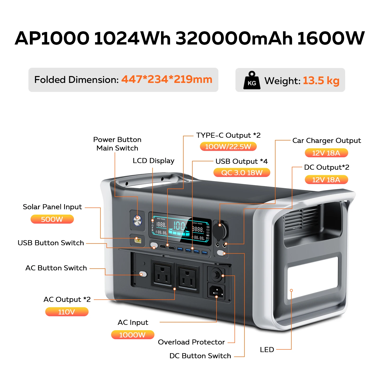 CTOLITY Camping Portable Power Station 1024Wh Lifepo4 Pure Sinve Wave Solar Generator Outdoor 220V 110V AC Outlets Garden Party
CTOLITY Camping Portable Power Station 1024Wh Lifepo4 Pure Sinve Wave Solar Generator Outdoor 220V 110V AC Outlets Garden Party