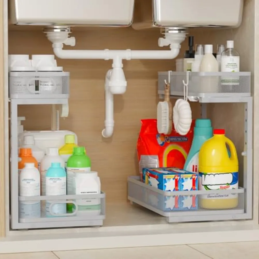 Under Sink Organizer 2 Pack, 2-Tier Slide Out Cabinet Organizer with Metal Sliding Drawer and Hooks, Pull Out Storage Baskets f
Under Sink Organizer 2 Pack, 2-Tier Slide Out Cabinet Organizer with Metal Sliding Drawer and Hooks, Pull Out Storage Baskets f