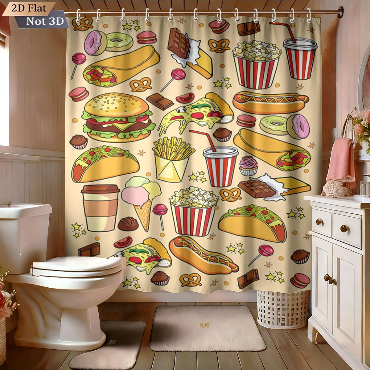 4pcs Gourmet Printed Bathroom Set 180x180 Waterproof Shower Curtain Floor Mat U-Shaped Floor Mat Toilet Seat Mat
4pcs Gourmet Printed Bathroom Set 180x180 Waterproof Shower Curtain Floor Mat U-Shaped Floor Mat Toilet Seat Mat