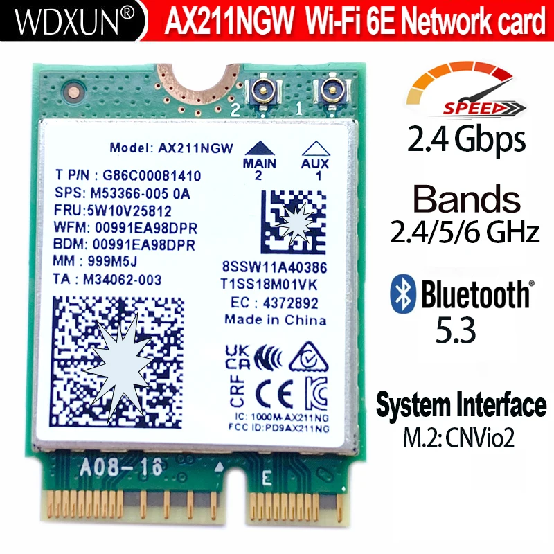 AX211NGW Трехдиапазонный 2,4G/5G/6Ghz WI-FI 6E Беспроводная карта Wi-Fi Сетевой адаптер BT 5,3 AX211 M.2 KeyE CNVio2 Windows10
AX211NGW Трехдиапазонный 2,4G/5G/6Ghz WI-FI 6E Беспроводная карта Wi-Fi Сетевой адаптер BT 5,3 AX211 M.2 KeyE CNVio2 Windows10