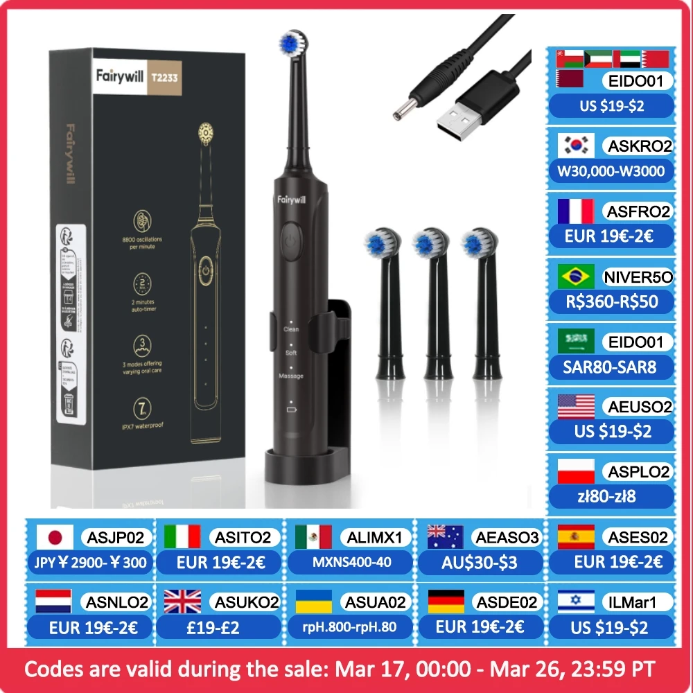 Fairywill Electric Toothbrush T2232 T2233Powerful Rotation Cleaning 4 Replacement Heads Rechargeable Sonic Toothbrush for Adults
Fairywill Electric Toothbrush T2232 T2233Powerful Rotation Cleaning 4 Replacement Heads Rechargeable Sonic Toothbrush for Adults