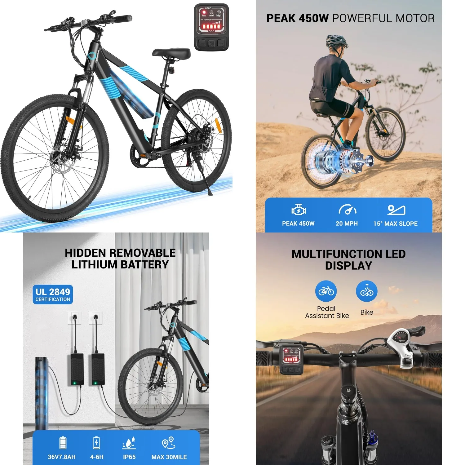 Electric Bike Adults 36V Removable Battery 350W Motor (Peak 450W) 26" Mountain E-Bike Suspension 7-Speed Certified, Customized
Electric Bike Adults 36V Removable Battery 350W Motor (Peak 450W) 26" Mountain E-Bike Suspension 7-Speed Certified, Customized
