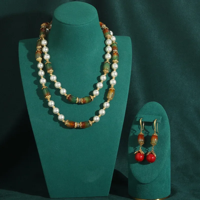 Vintage Bride Green Beads String Pearl Jewelry Sets for Women Red Natural Glass Drop Earrings Layer Necklace Dress Accessories
Vintage Bride Green Beads String Pearl Jewelry Sets for Women Red Natural Glass Drop Earrings Layer Necklace Dress Accessories
